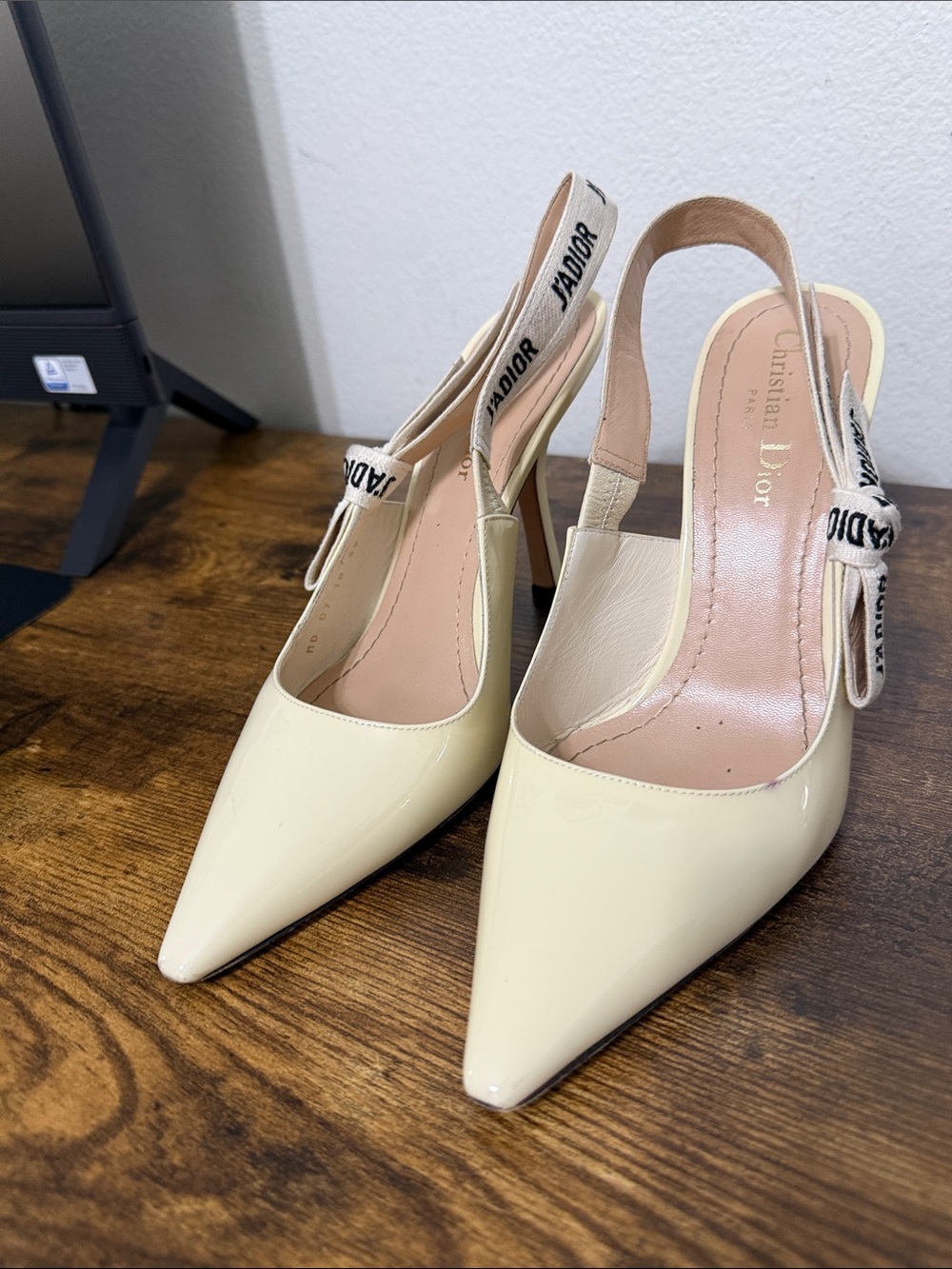 Dior Cream Patent Pointed-Toe Slingback Heels with J'Adior Ribbon Accent